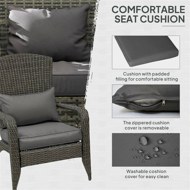 Grey Wicker Rattan Adirondack Chair with Cushion, Armrest and Curved Back - 25.2" W x 31.5" D x 35.5" H