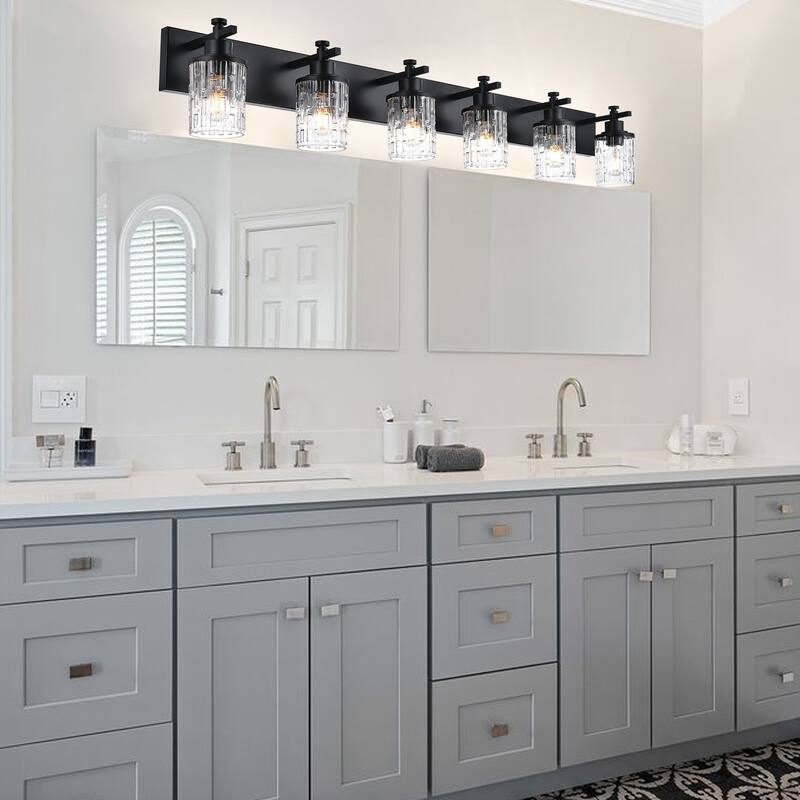 Industrial Bathroom Lights with Clear Grid Glass - Brushed Nickel