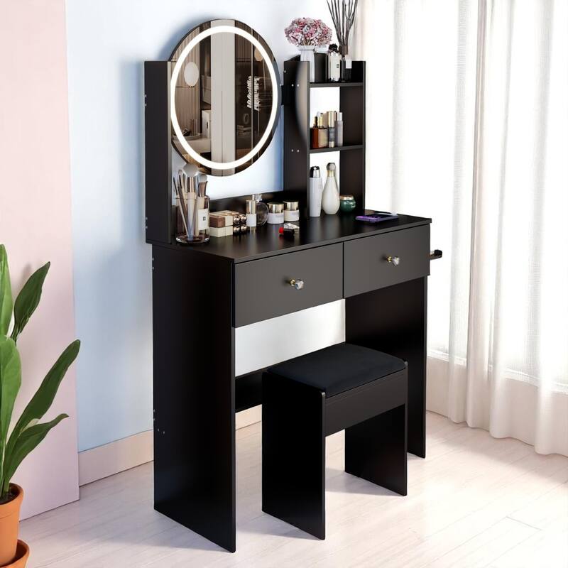 Modern Vanity Set with Touch LED Mirror, Built-in 2 AC Outlets, USB & Type-C Charging, Stool Included, Makeup Storage Desk