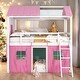preview thumbnail 1 of 16, Modren Full over Full Wood Bunk Bed House Bed With Elegant Windows,Sills and Tent For Bedroom Pink+White