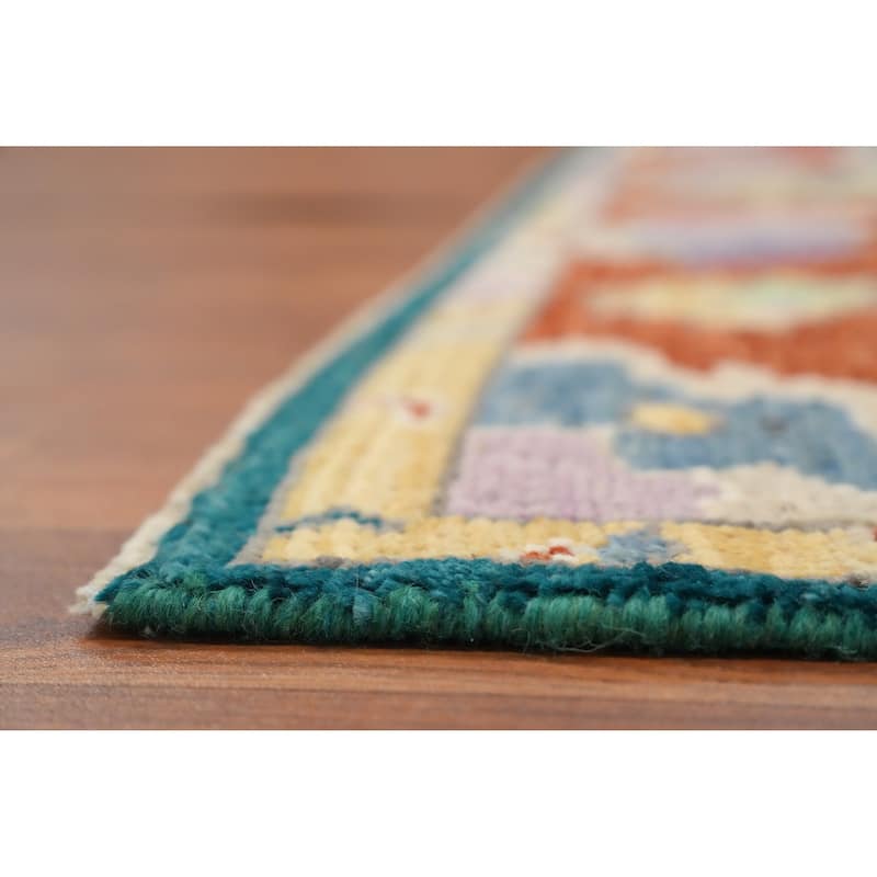 Hand Knotted Oriental 100% Wool Carpet Transitional Floral Green Oushak Area Rug - 8' 10'' X 5' 1''