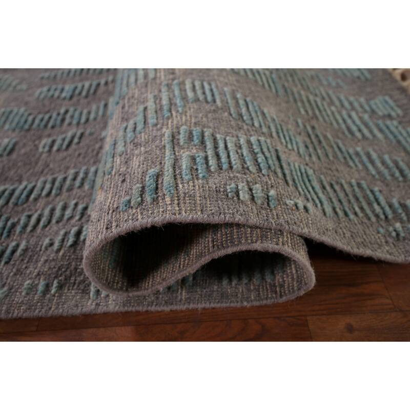 All-Over Grey Blue Moroccan Abstract Area Rug Hand-Knotted Wool Carpet - 9'0"x 12'1"