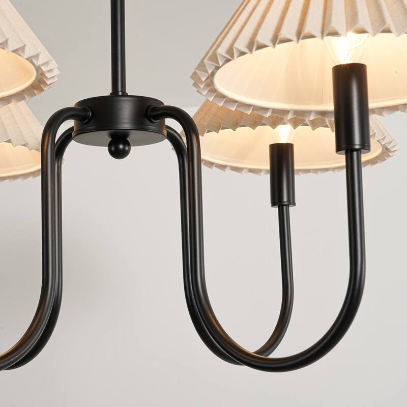 4-Light Mid-Century Modern Chandelier in Brushed Gold/Matte Black Chandelier with Pleated Shades for Living Room