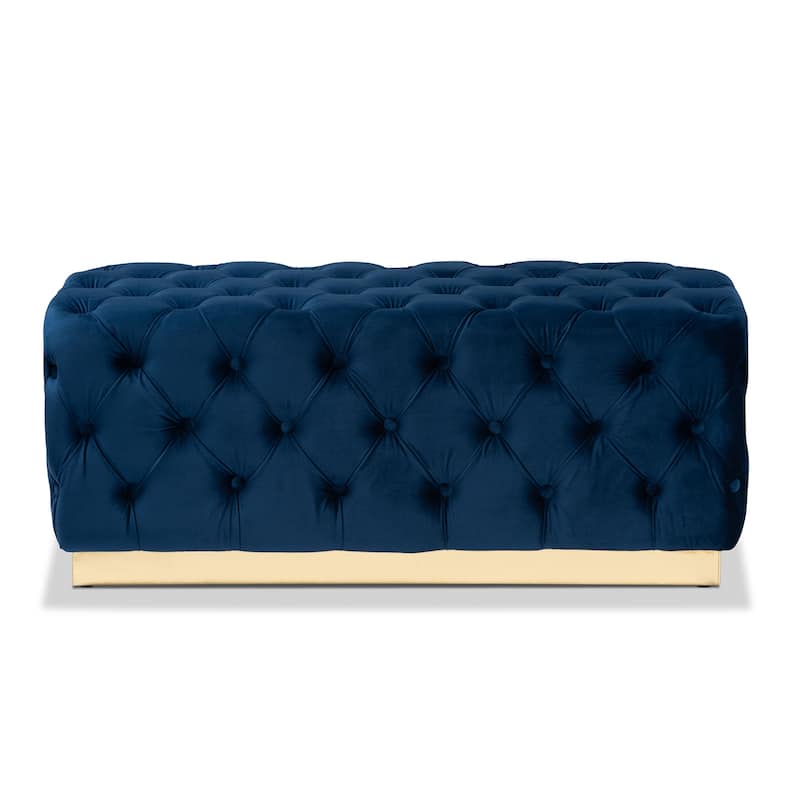 Corrine Glam and Luxe Velvet Fabric and Gold PU Leather Ottoman