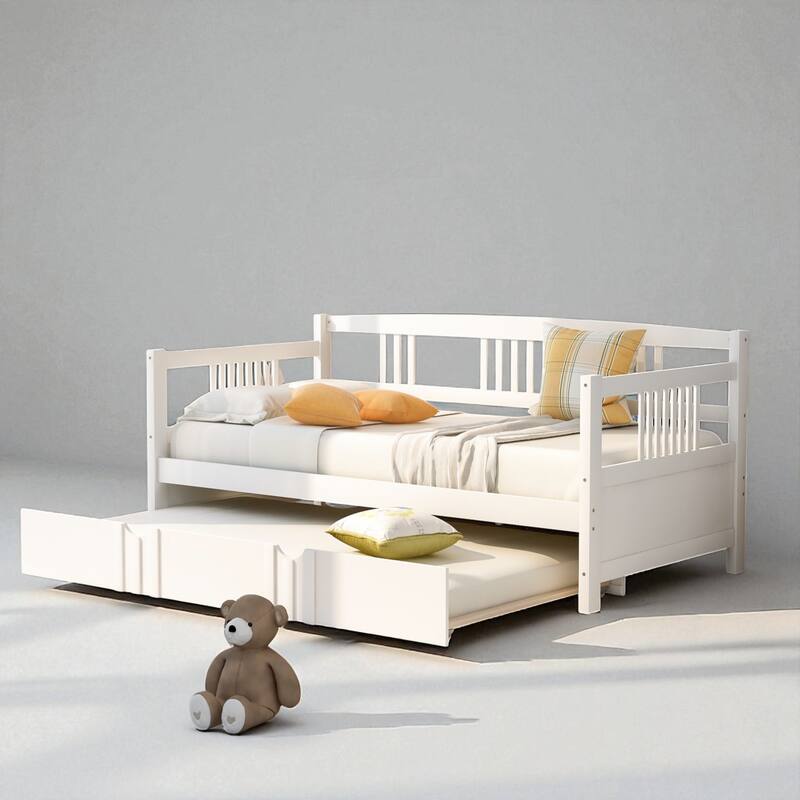 Twin/Full Size Wood Daybed with Twin Trundle, Sofa Bed Frame with Rails and Pull-Out Guest Bed - White - Twin