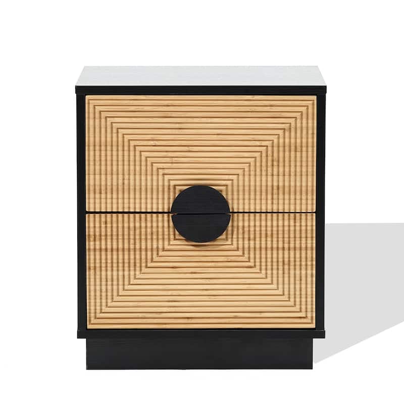 Modern Boho 2-Drawer Black Side Table with Bamboo Strips - 20.5" H x 17.7" W x 15.7" D