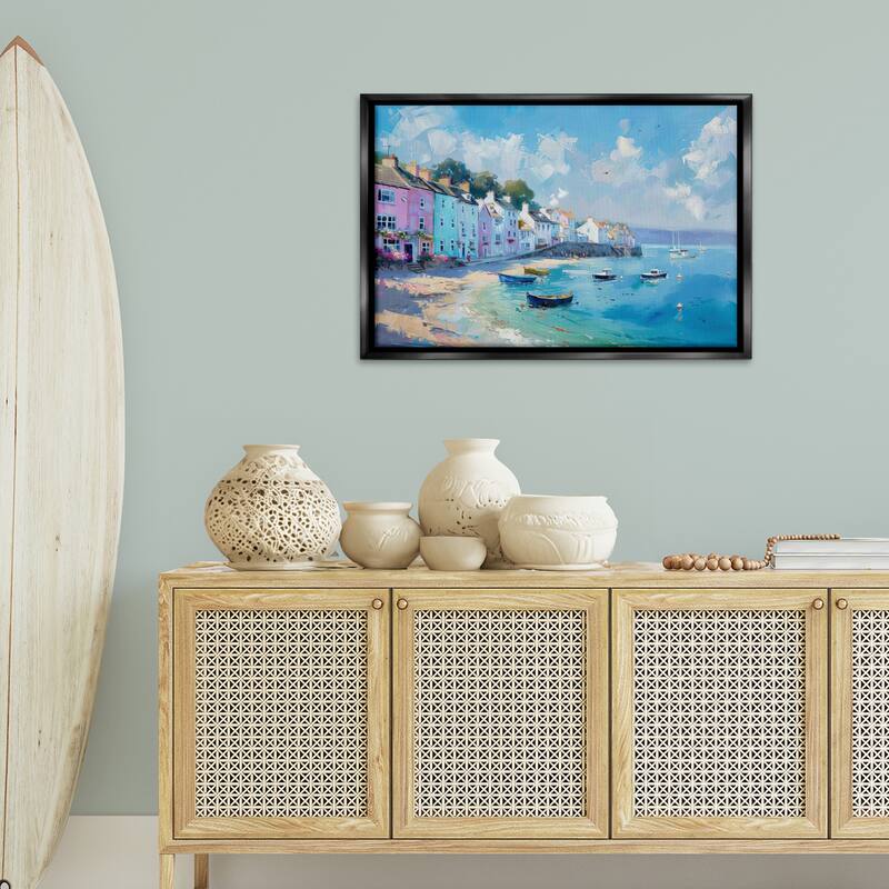 Stupell Seaside Village Cottages Framed Floater Canvas Wall Art Design By LSR Design Studio