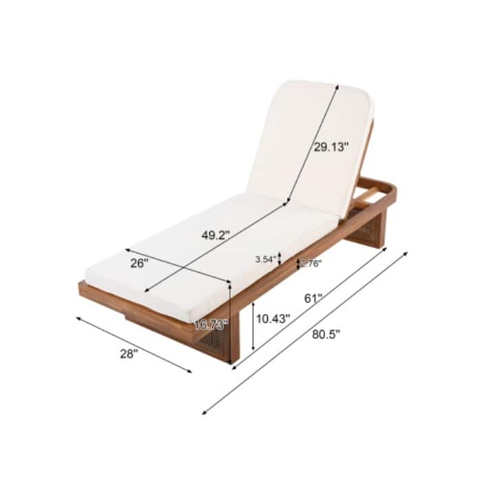 Outdoor Acacia Wood Lounge Chair with PE Rattan & White Cushion, Patio Garden Poolside Relax Chair