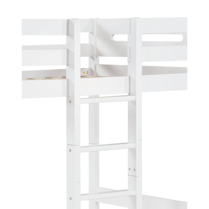 White Twin over Twin Size Wood Bunk Bed with Ladder and Fence for Kids, Boys and Girls, Bedroom