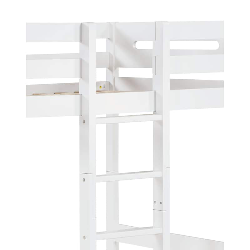 White Twin over Twin Wood Bunk Bed with Ladder and Fence