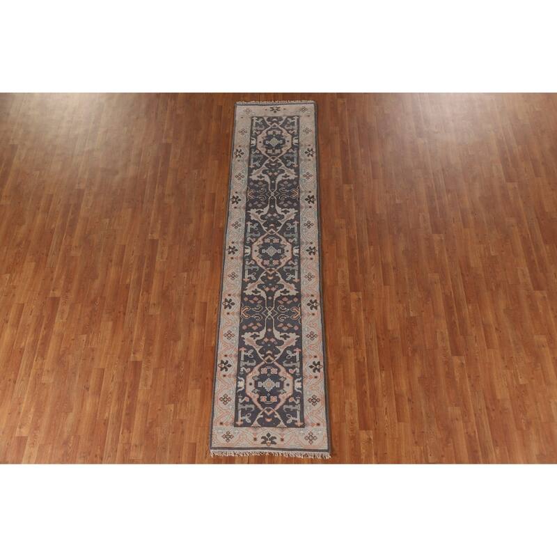 Gray Blue Oushak Indian Runner Rug Hand-Knotted Wool Carpet - 2'5"x 10'0"