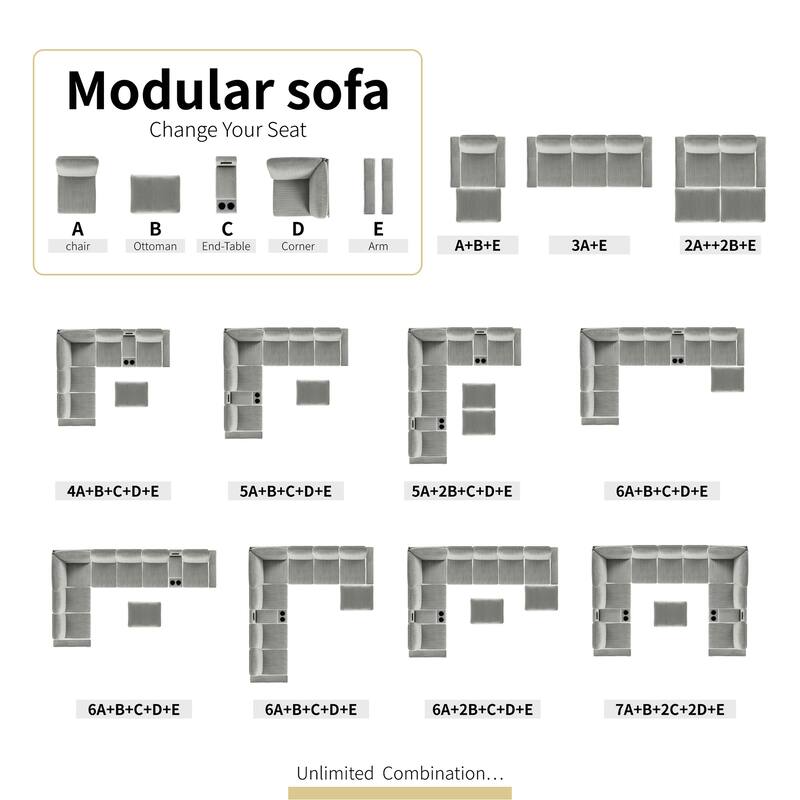 129.14" Corduroy 6-Piece Modular Sectional Sofa with Storage Ottoman, USB Charging and Cup Holders