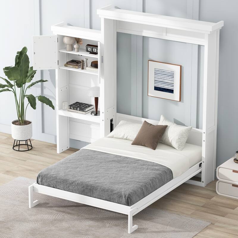 Queen Size Murphy Bed Convertible Louvered Style Cube Cabinet Foldable Platform Bed with Side Storage Bookcase Cabinet Shelves - White - Queen