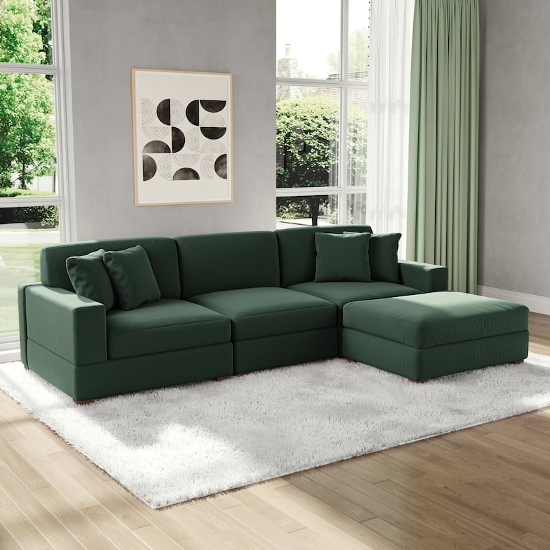 Modular Corduroy Sectional Sofa Set Chaise Couch with Ottoman
