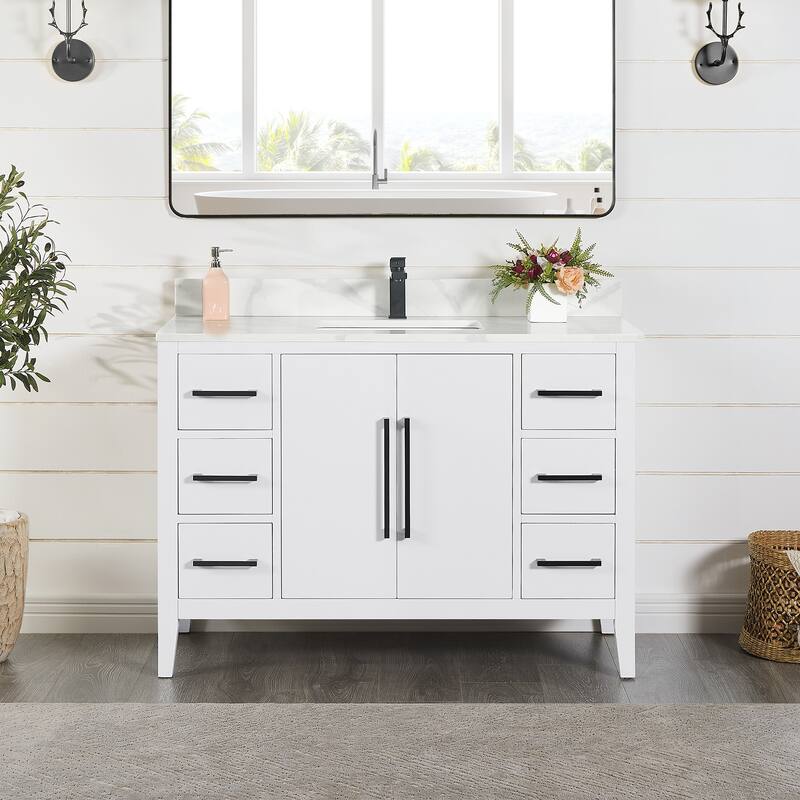 Altair Laurel Bath Vanity with Calacatta White Quartz Stone Countertop without Mirror - 48 inch - White