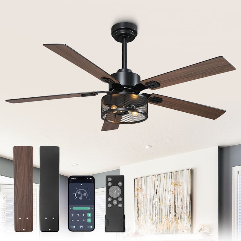Vaczon 60" Black Reversible Wood 5-Blade Smart Ceiling Fan with Light and Remote, App Control - 52"