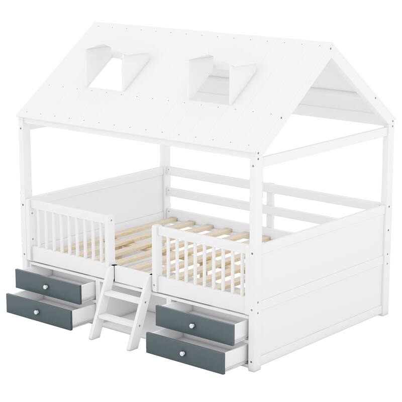 Full Size House Bed Frame with Skylights Ladder and Storage Drawers