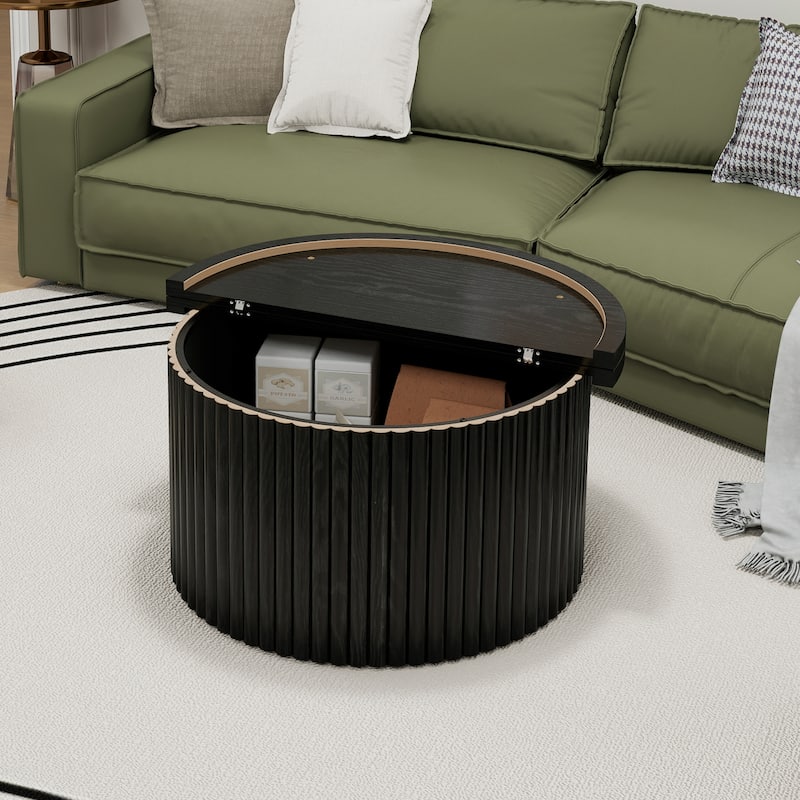 Round Coffee Table with Wood Grain Vertical Stripes, Small Fluted Circle Side Table, Center Table with Adjustable Feet