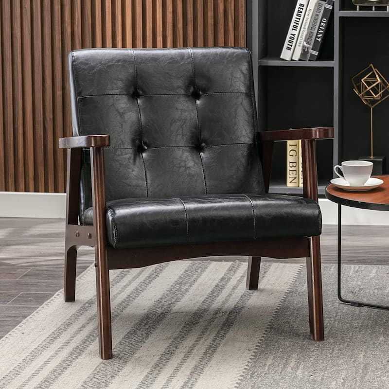 Ebello Mid-Century Modern Upholstered Leather Accent Chair with Solid Wood Frame