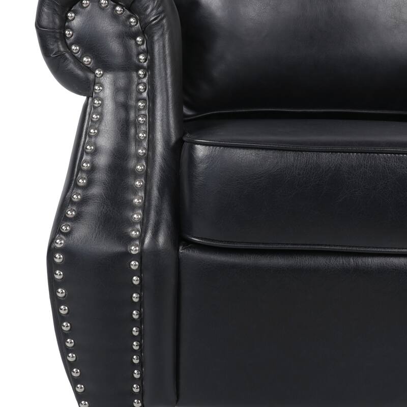 Roomfitters Faux Leather Club Chair with Rolled Arms, Nailhead Trim and Cushioned Seat, Classic Accent Armchair, Black