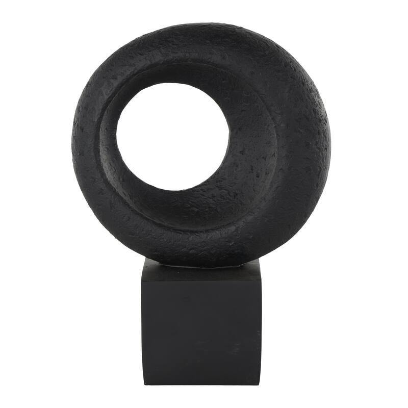 Black Polystone Textured Cutout Ring Geometric Decorative Sculpture with Block Base