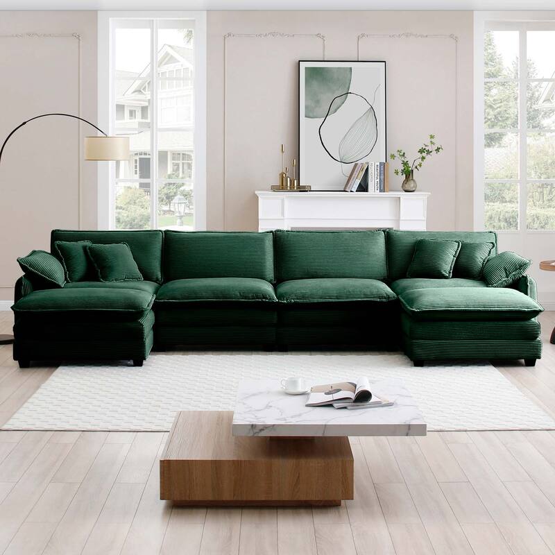 Green 6-piece Corduroy U-Shaped Modular Sectional Sofa with 2 Ottomans