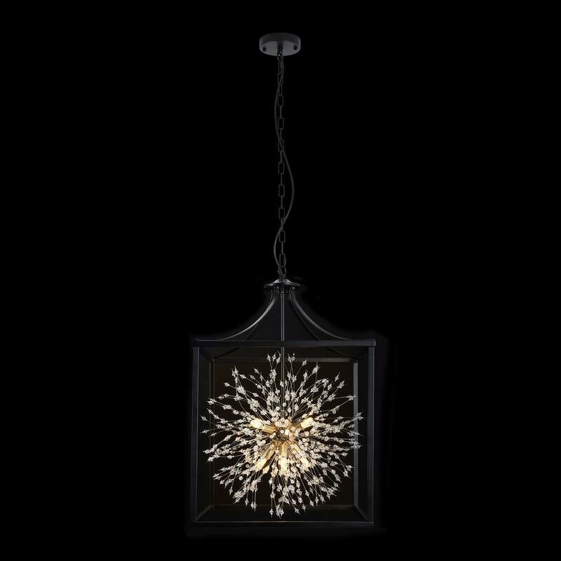8-Light Mid-Century Modern Square Caged Linear Crystal Chandelier Sputnik Starburst Pendant Light