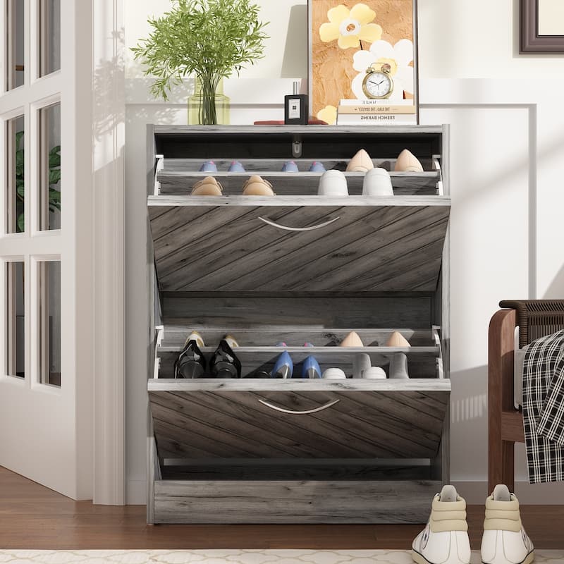 Timechee 8 Pair Shoe Storage Cabinet with 2 Drawers, Wood Color