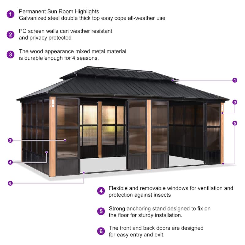 PURPLE LEAF Double Top Outdoor Sunroom Screen House Patio Hardtop Gazebo