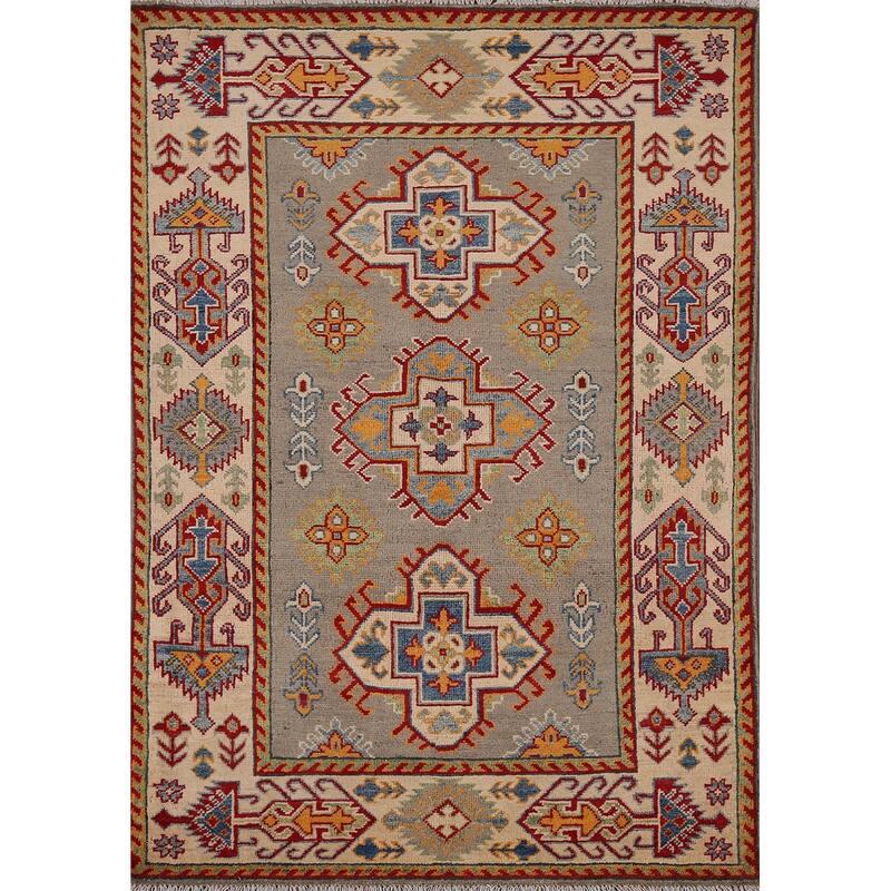 Kazak Oriental Accent Rug Hand-Knotted Beige Geometric Wool Carpet - 3'6" x 4'9"