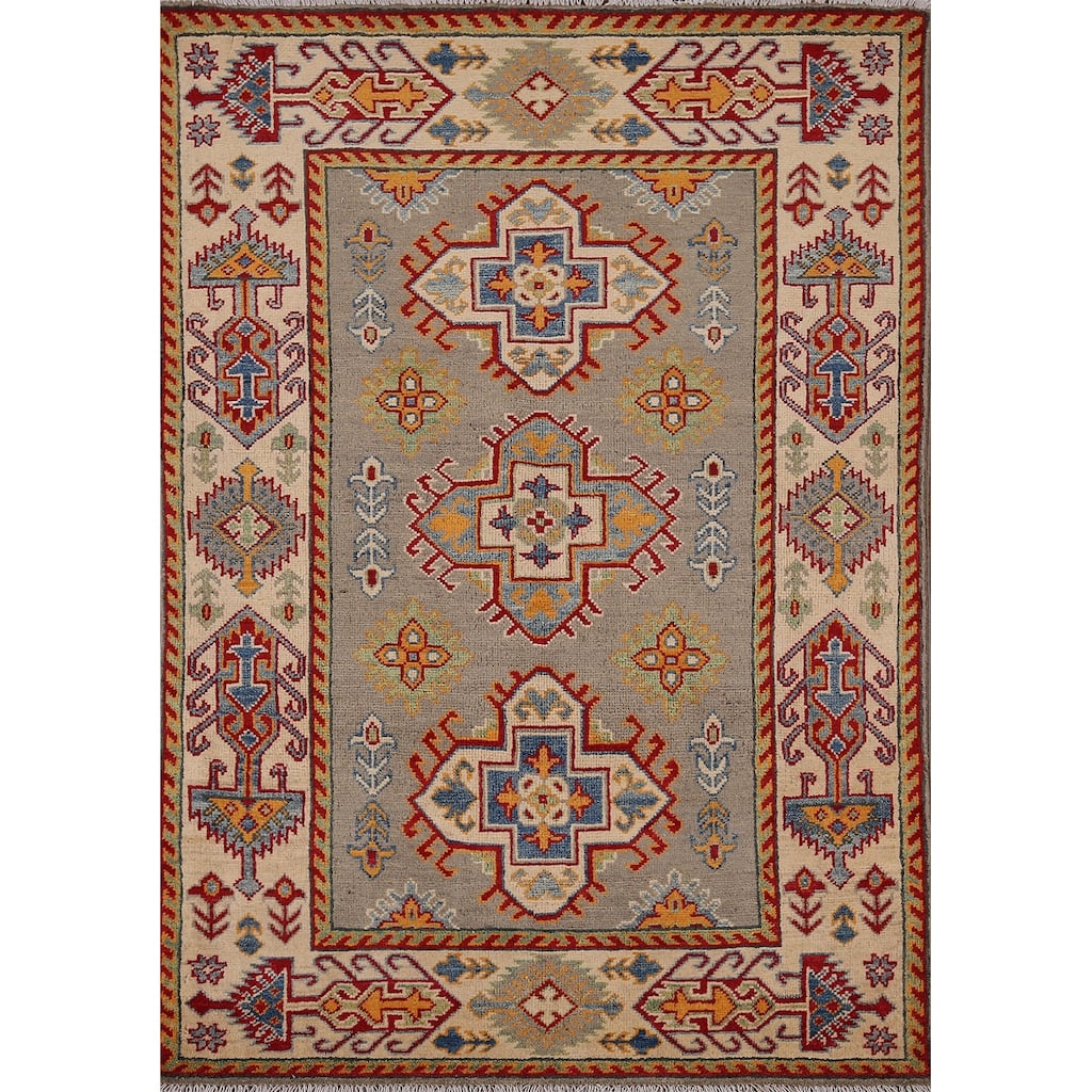 Kazak Oriental Accent Rug Hand-Knotted Beige Geometric Wool Carpet - 3'6" x 4'9"