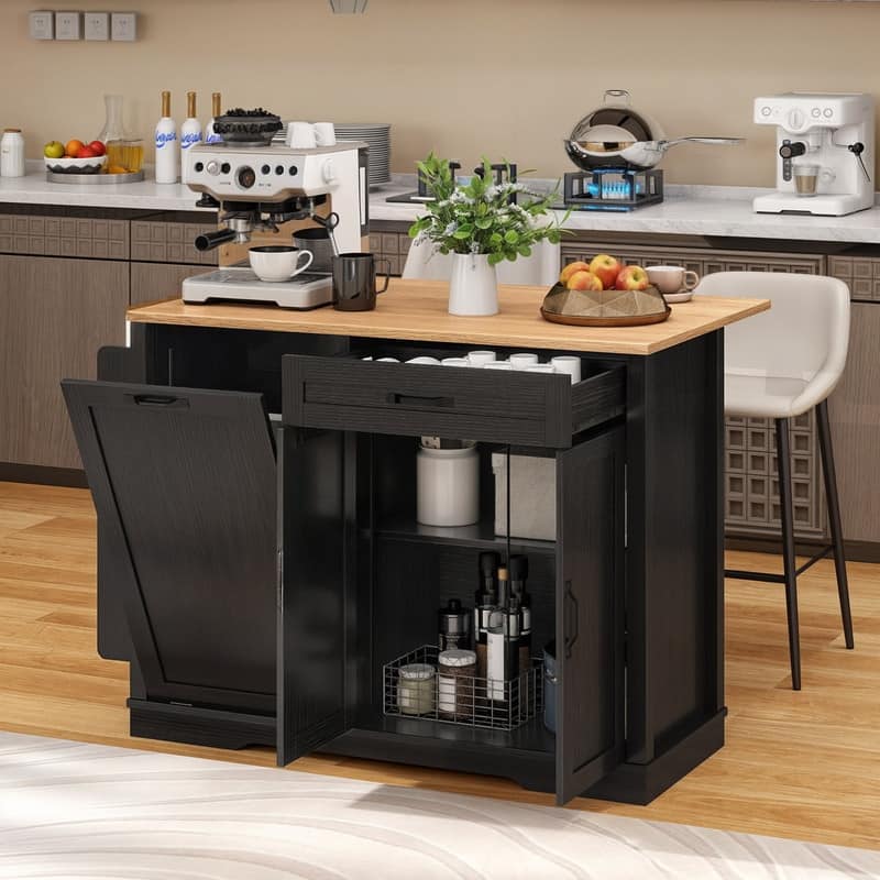 Moasis Rolling Portable Kitchen Island With Trash Can Storage Cabinet and Drawer&Floating Tabletop
