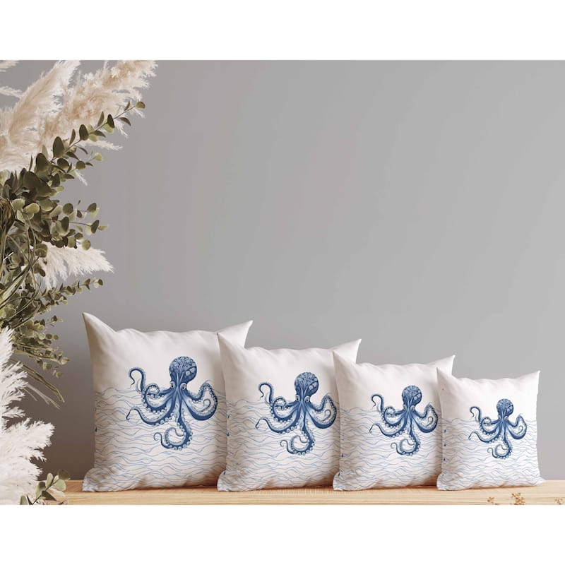 Oceanic Octo Art Indoor/Outdoor Reversible Throw Pillow White and Blue