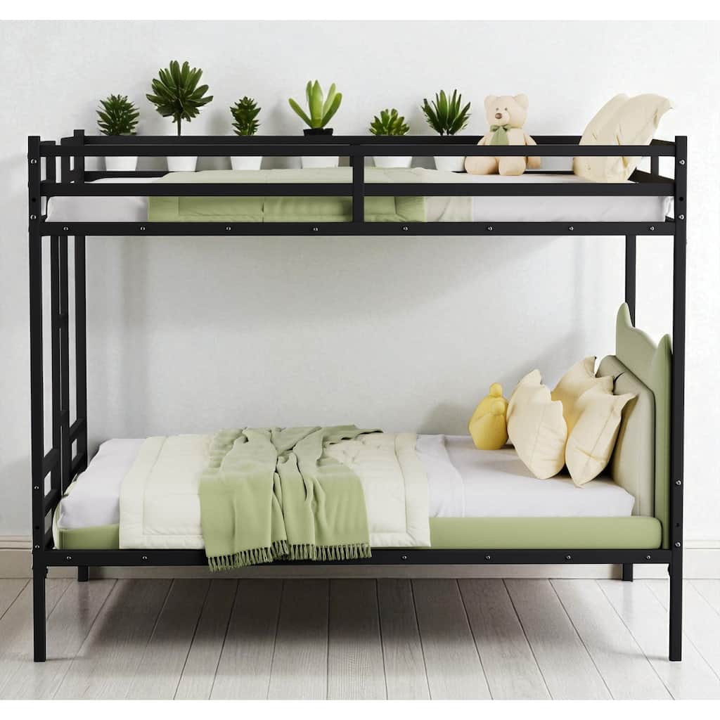 Queen Metal Bunk Bed with Full-Length Guardrail and Ladder, Extra Storage Space