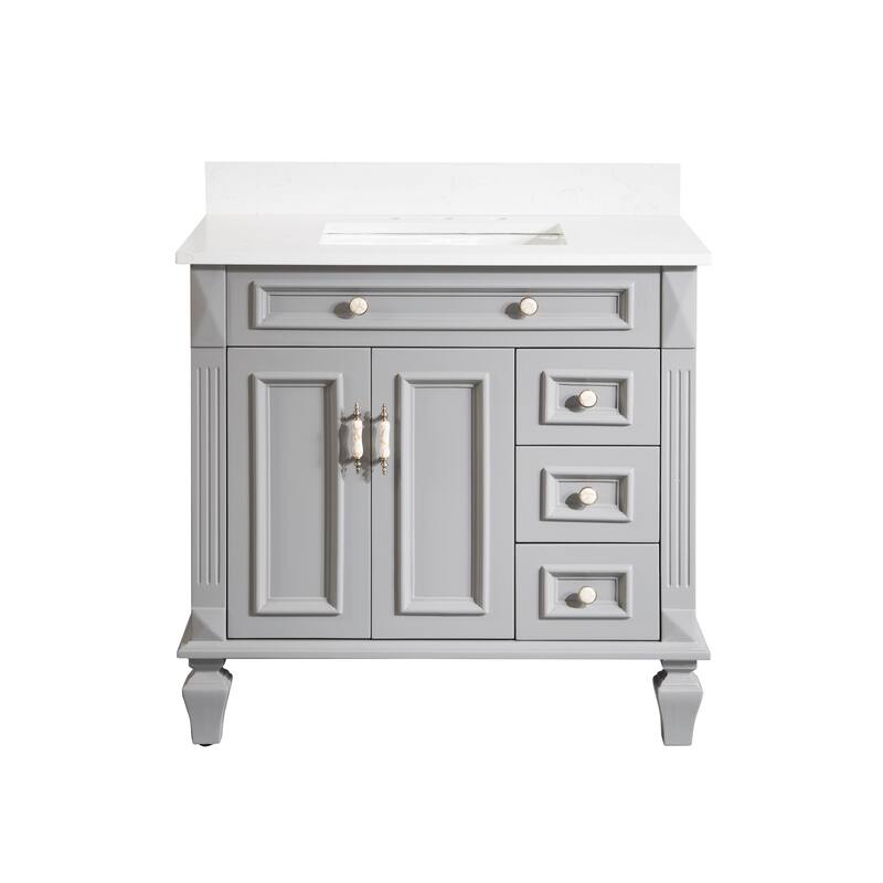 35'' H X 36'' W Solid Wood Bath Vanity with Stain-resistant Carrera Quartz Top and Single Sink
