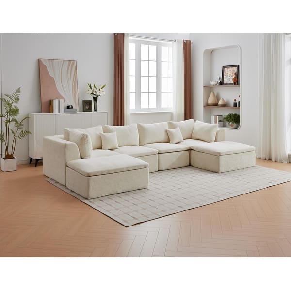 slide 2 of 8, 140" U-Shaped Modular Sectional Sofa, 6-Seater Oversized Chenille Couch with Double Chaise, Ottoman & Pillows Beige