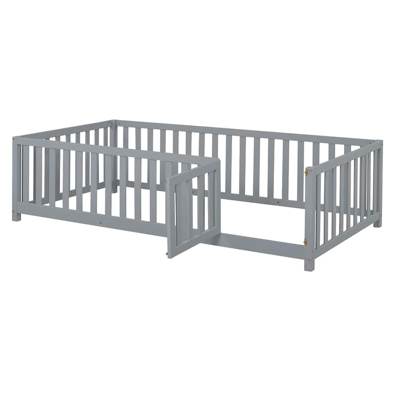 Gray Twin Size Solid Wood Daybed with Fence Guardrails and 2 Drawers, Split into Two Beds