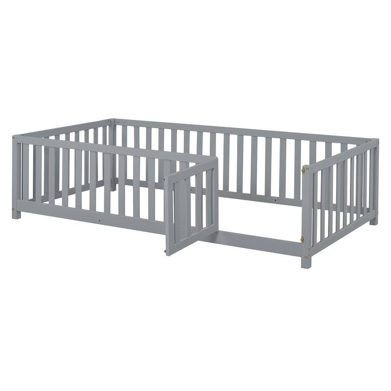 Pine Wood Daybed Floor Bed Frame with Fence Guardrails and 2 Drawers, Converts into Two Individual Beds, No Box Spring Needed