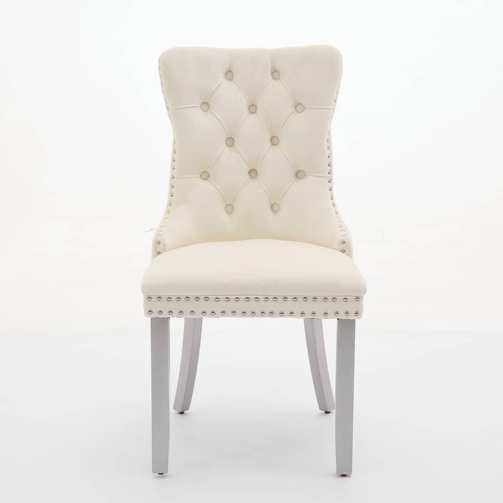 Velvet Upholstered Dining Chairs Set of 2, Kitchen Chairs with Nailhead Trim & Metal Pulling Ring, Accent Chair with Wood Legs