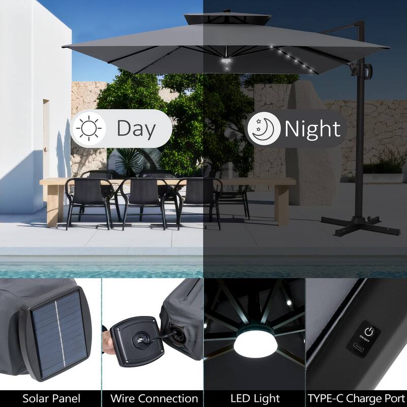 11 FT Square Outdoor Patio Cantilever Umbrella with Solar Lights Rod Wheel Base Double Canopy 360 Rotation Tilt