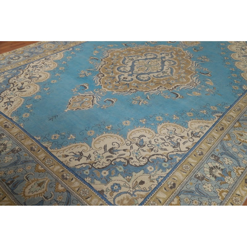Blue Medallion Tabriz Persian Rug Hand-Knotted Oriental Wool Carpet - 9'6"x 12'8"