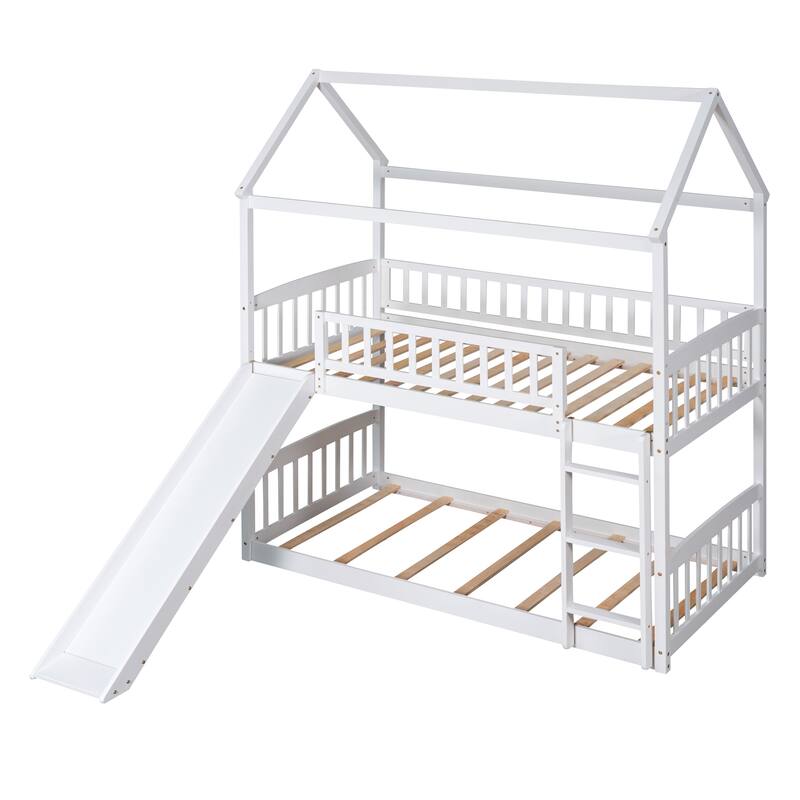 Twin Over Twin Bunk Bed with Slide, House Bed, White