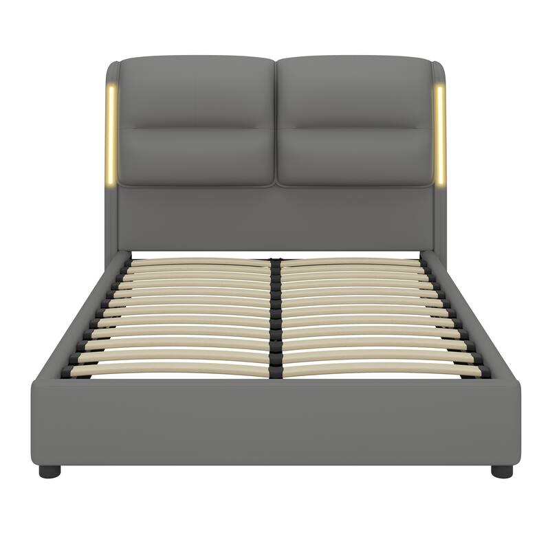 Roomfitters Upholstered Queen Size Hydraulic Platform Bed with Lift Up Storage and Sensor LED Lights,PU Leather Bed Frame