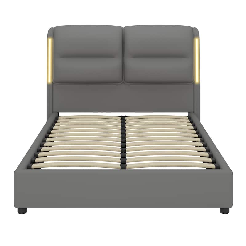 Upholstered Hydraulic Platform Bed with Lift Up Storage and Sensor LED Lights, PU Leather Queen Size Bed Frame