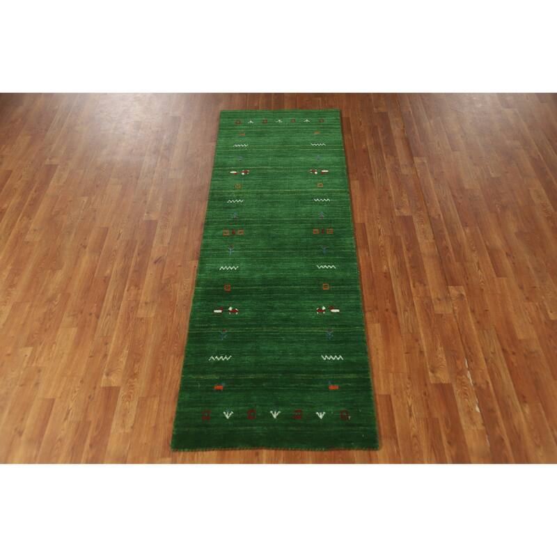 Green Gabbeh Indian Runner Rug Handmade Tribal Wool Carpet - 2'7" x 7'7"