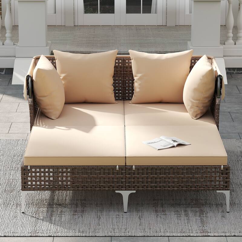 Gymax Outdoor Daybed w/ Retractable Canopy PE Wicker Rattan Patio