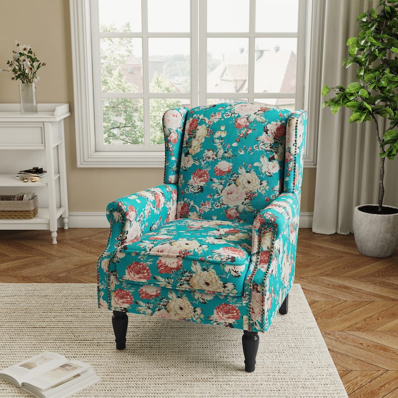 Traditional Floral Patterned Wingback Armchair with Nailhead Trim