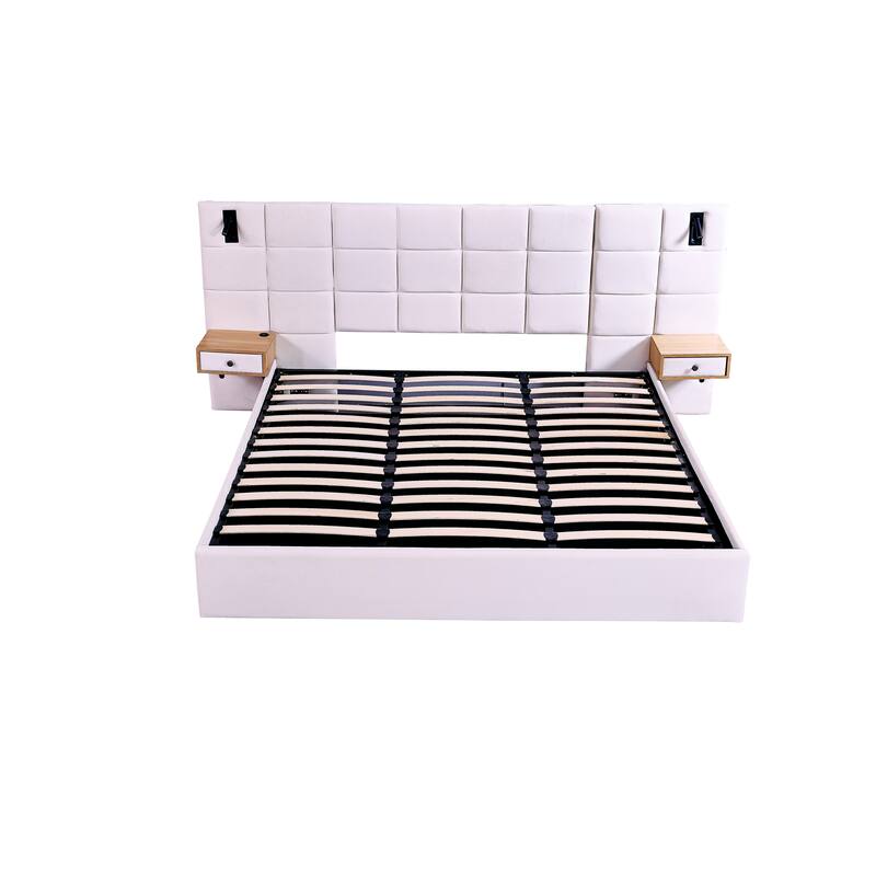 Hydraulic Lift Up Storage Bed Frame, King Size Upholstered Wingback Platform Bed, 2 Side Shelves, 2 Reading Lamps and USB Ports