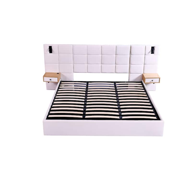 King Size Storage Velvet Upholstered Hydraulic Platform Bed with 2 Shelves, 2 Reading Lamps and USB Port