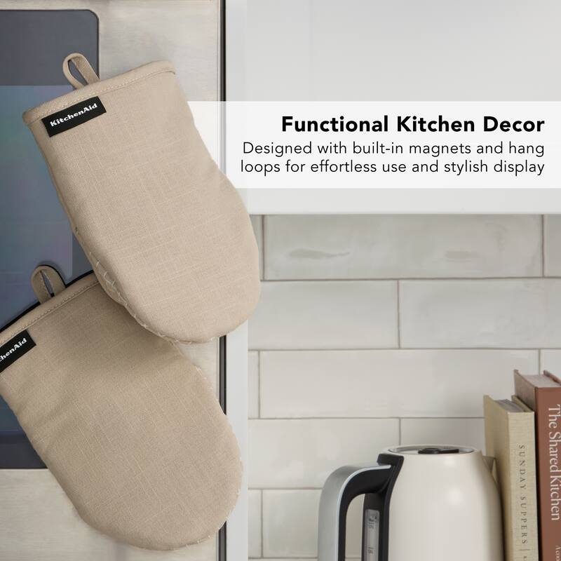 KITCHENAID Gourmet Series Gridlines Mini Oven Mitts 2-Pack Set, Heat Resistant up to 600°F, Soft Silicone Grip, Magnetic Cuff